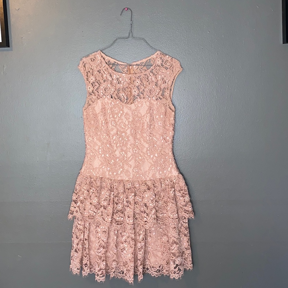 Marchesa Notte lace pink ruffled mini dress size 6
